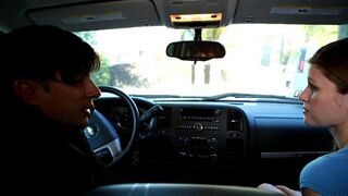 A sexy girl makes a blowjob to her guy friend in the car