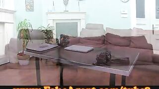 Nice chick with beautiful natural boobs gets fucked on the couch