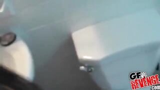 A woman has sex right at home in the toilet bowl, showcasing her stunning curves