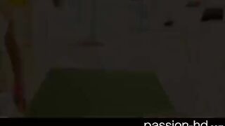 A cute brunette with natural tits was fucked on the couch