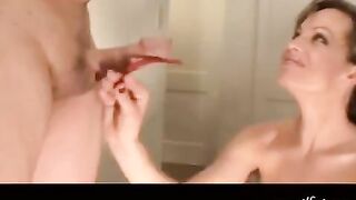 A girl with beautiful breasts skillfully makes a passionate blowjob and sucks