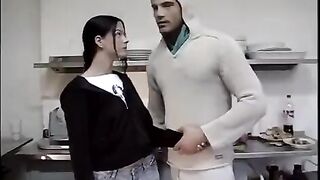 The guy deprived the virgin brunette of her innocence in the kitchen