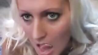 A whimsical blonde licks the sperm from a spoon in an intense session