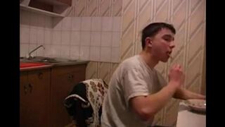 A mother with cancer fucks her son in the kitchen
