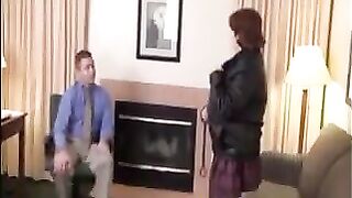 A fat woman is pleasing her boss in pantyhose