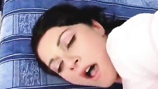 Brunette gets her face covered with cum after getting her ass banged