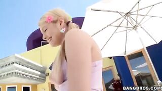 A blonde girl made a deep blowjob, showcasing her skills in the scene