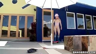 A blonde girl made a deep blowjob, showcasing her skills in the scene