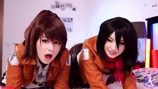Cosplay threesome with Mikasa, Sasha, and Historia in wet pussy action