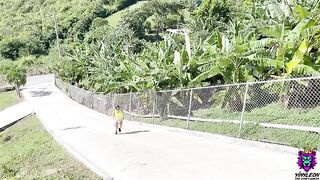 Rough sex with a busty brunette after running