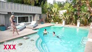 Two students, including busty blonde Blake Blossom, have fun by the pool with Anthony