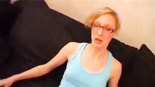 Skinny teen with glasses enjoys hardcore sex on the couch