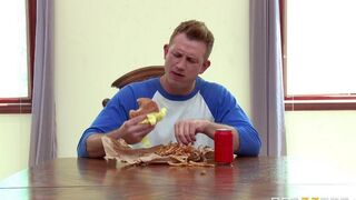 A wife has sex with a cucumber while her husband watches