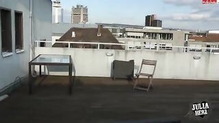 Brunette with beautiful big tits has sex on the roof
