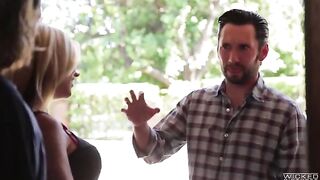 A blonde with fake big tits has sex directly in the cheeks