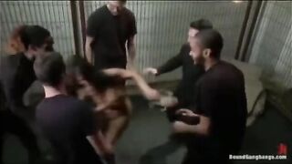 A group of guys was fucked by a sexy brunette with toys