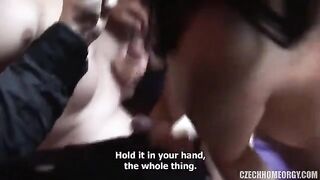 A drunk woman fucks with her husband and his friends at home