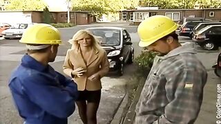 Girl in black pantyhose gets a big dick in her mouth on set