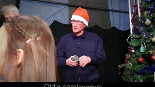 Hot old people fucked a beautiful Snow Maiden with big tits in a crowd