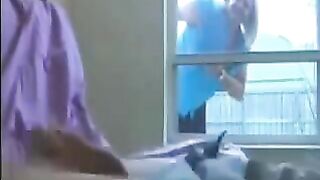 A woman peeps at a man's private moment in the ward