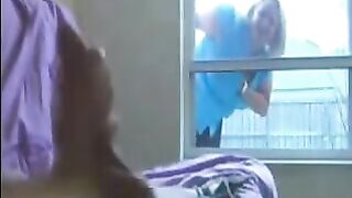 A woman peeps at a man's private moment in the ward