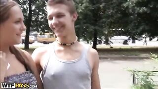 The guy licked the pussies of two girls in a steamy outdoor scene