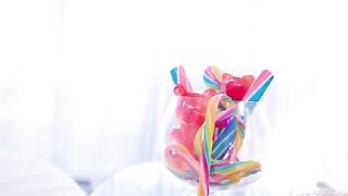Vibrator, latex and shaved cunt. Solo masturbation with toys and rubber, pure ecstasy