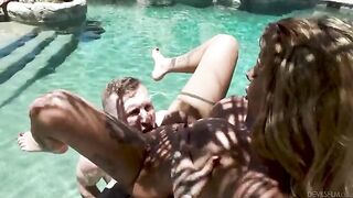 The bad relative again fucks by the pool, showcasing fake tits and skills