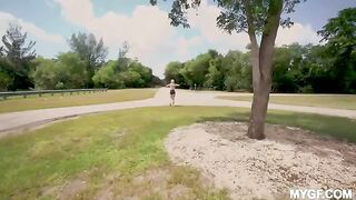 Outdoor fun with a girl in the park, she shows her boobs