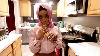 A black guy fucks a silly American girl with big boobs