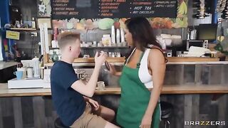 Big Titty Barista - sexy black girl with big boobs makes coffee and fucks