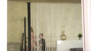 A couple has a threesome with another man, exploring double penetration and anal intimacy