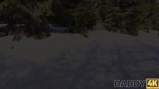Babe fucks on the sled by the fireplace in HD
