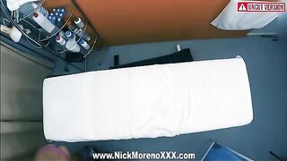 Horny masseur man feels his cock while massaging a 19-year-old girl