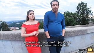 A very round girl gets fucked in front of her dad for money, a classic Hunt4K scene