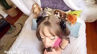 Noisy wet pussy fart of skinny teen Bambi Bluu begging for big cock and facial