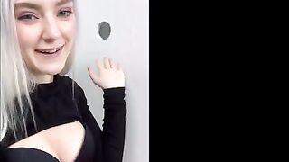 Cute teen gets cum on her face through the glory hole