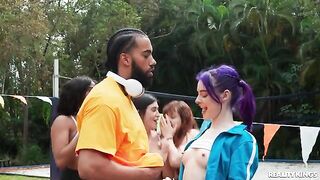 A girl is having fun with a guy directly in nature