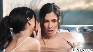 A hot brunette threesome in a paradise setting, full of passion