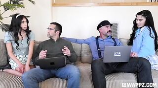 Two cute girls gave the stepdad a party on the couch