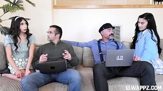 Two cute girls gave the stepdad a party on the couch