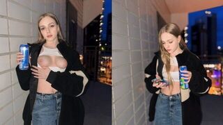 The cute girl showed her skills for an energy drink in a steamy scene