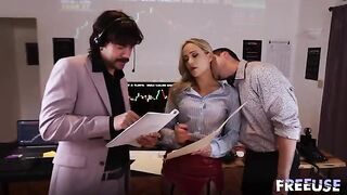 A prostitute is having fun with two traders in an office space