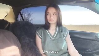A cute girl played with her tongue and got wet in the car