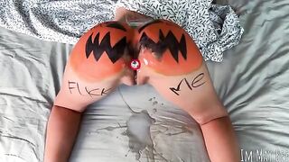 A girl was fucked hard in a pumpkin, resembling a sex doll