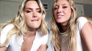 Two girls share a big dick in an intense lesbian threesome scene