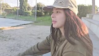 A petite actress has sex with a stranger in the middle of nowhere
