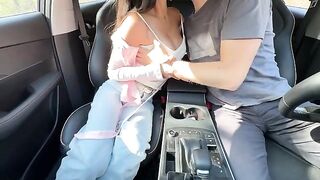The girl has sex with her teacher in the back seat of a car