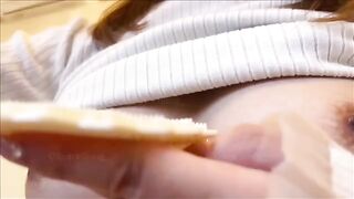 A Japanese beauty got a huge squirt while pleasuring her big nipples