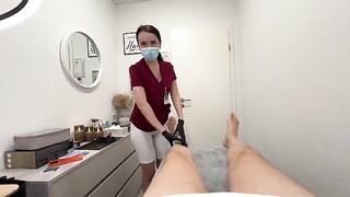 Nurse smooths her client's balls before sucking him off